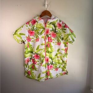 Tommy Bahama White Hooded Zip Terry Top with Pink & Lime Floral Print